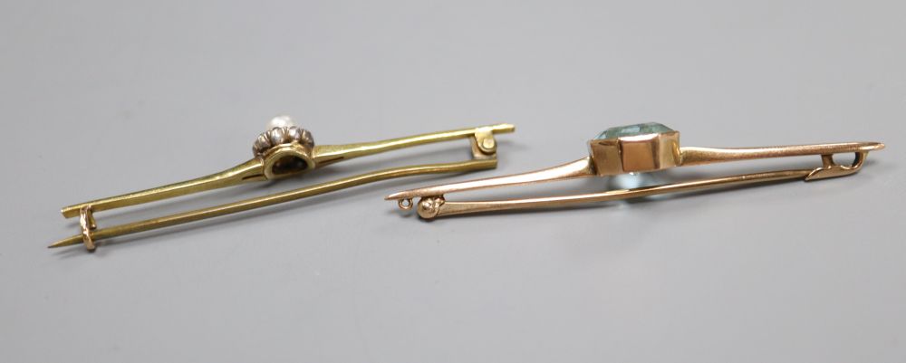 An early 20th century yellow metal, cultured pearl and diamond cluster set bar brooch, 56mm and a 9ct bar brooch,